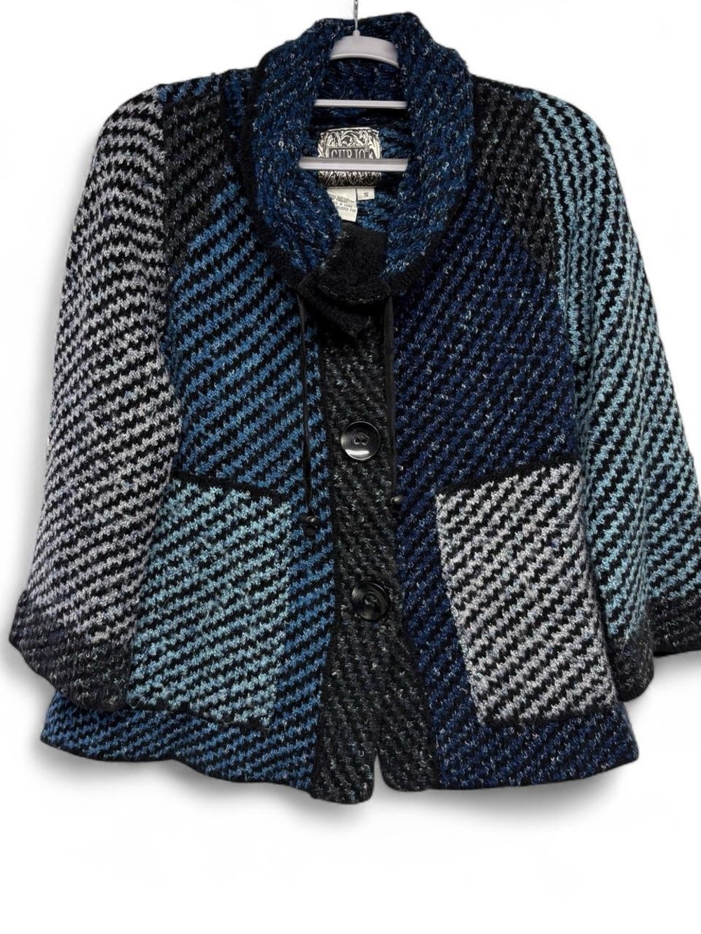 Patchwork Blue & Gray Knit Pea Coat with Shawl Collar